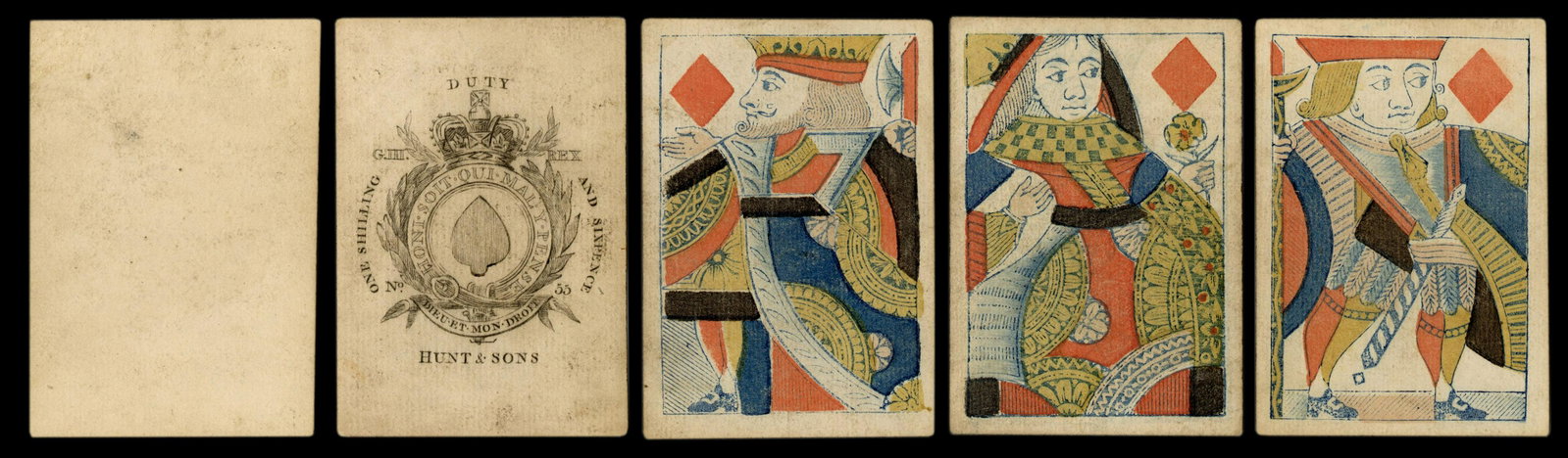 Hunt & Sons Playing Cards. English, ca. 1840. George: Hunt & Sons Playing Cards. English, ca. 1840. George III Ace of Spades, with the word “Duty” above the crown. Single-ended, plain white backs. 48/52 (lacks QS, KC, JH, QH). Wear as expecte