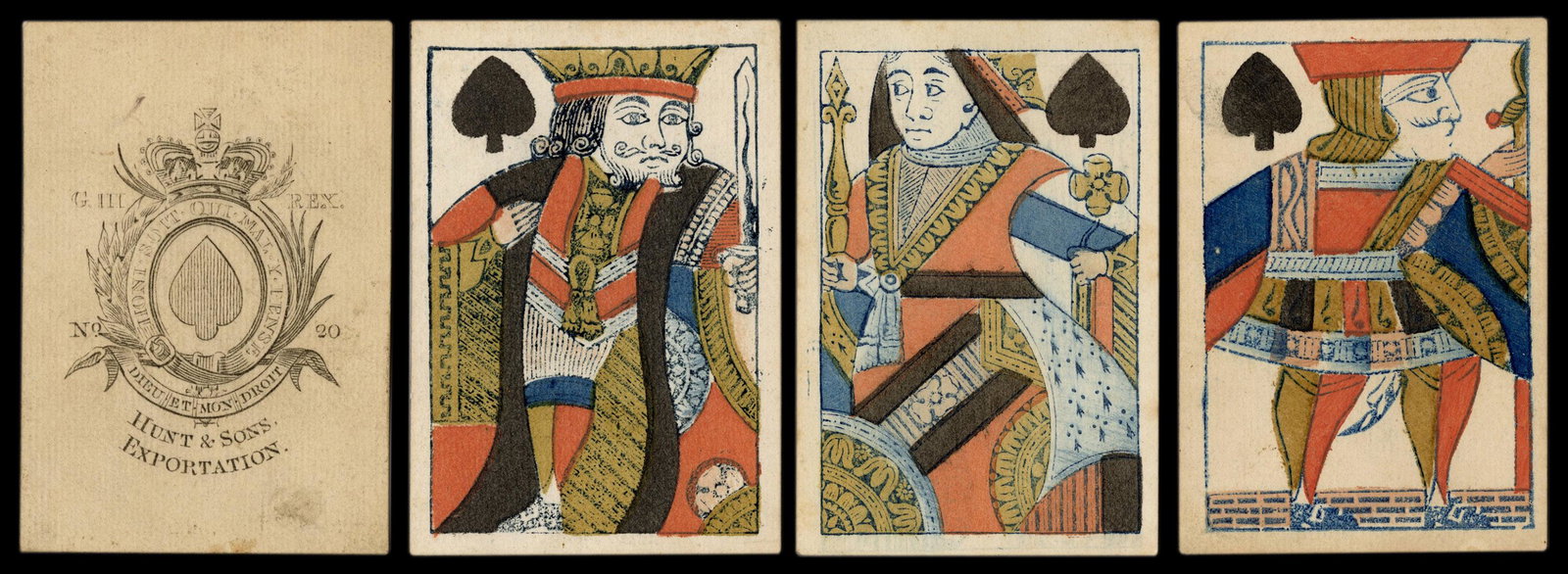 Hunt & Sons Exportation Playing Cards. English, ca.: Hunt & Sons Exportation Playing Cards. English, ca. 1801. 52. George III Ace of Spades. Plain white backs. Some soiling as expected, but no cards torn or bent. Likely made for the American market. Ver
