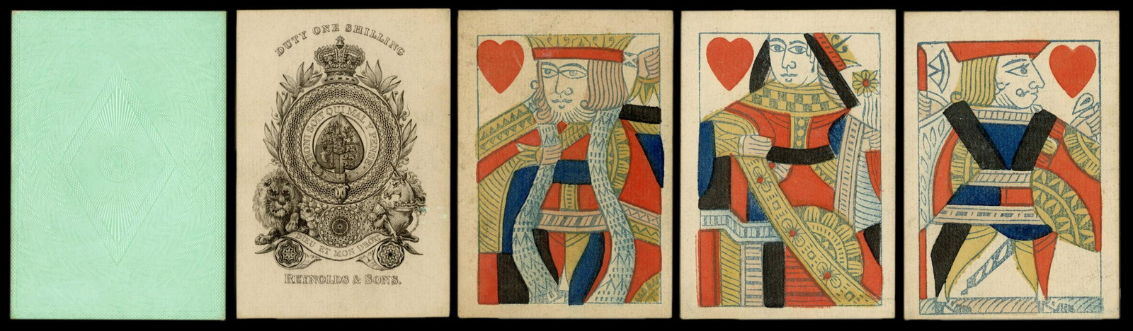 Reynolds & Sons Playing Cards. London, ca. 1860 [?]. 52: Reynolds & Sons Playing Cards. London, ca. 1860 [?]. 52 (complete). Single-ended courts, no indices. Embossed green diamond back design.