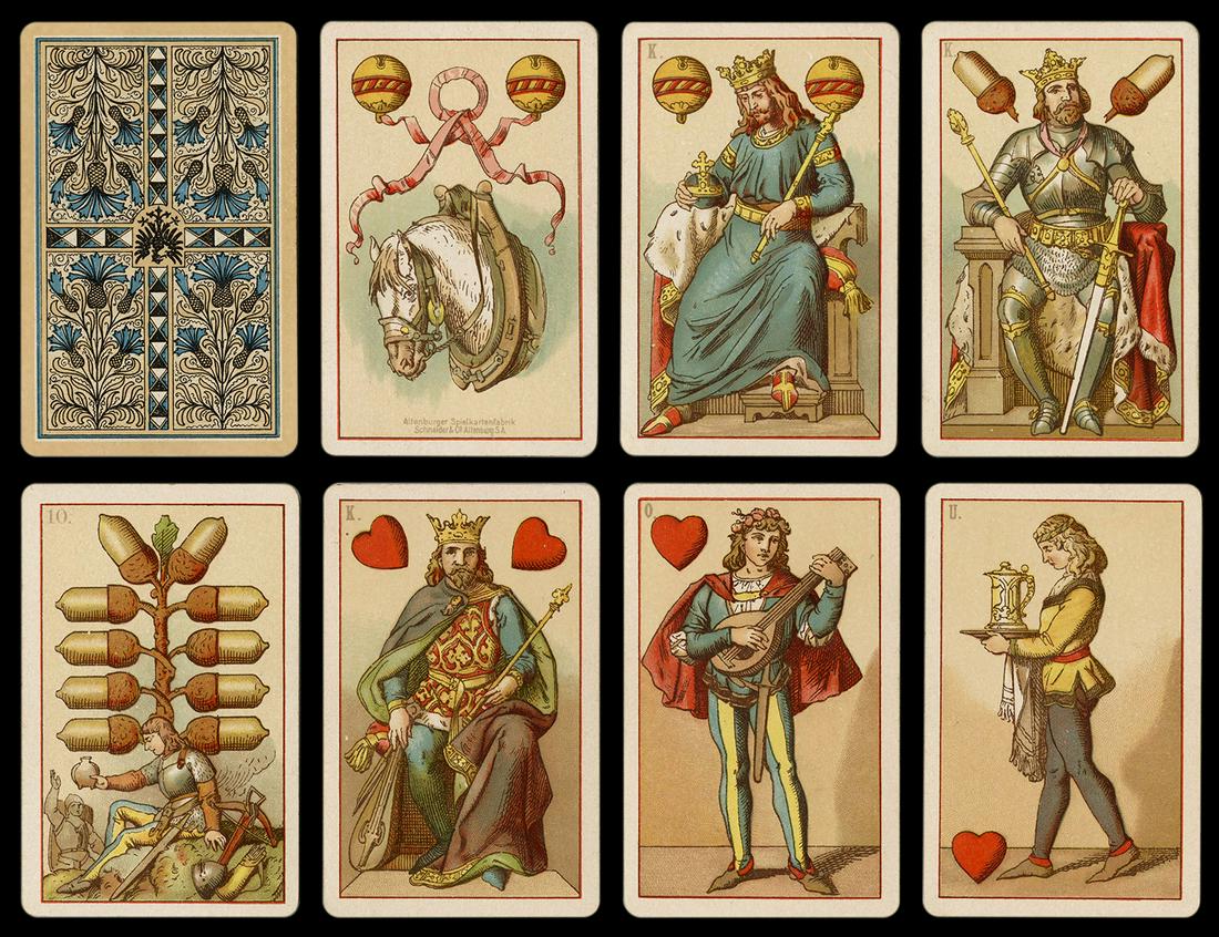 Altenburger Spielkartenfabrik. Altenburg: Schneider &: Altenburger Spielkartenfabrik. Altenburg: Schneider & Co., ca. 1888. Designed by Fritz von Lindenau. Deuces with coats of arms, pip cards with military scenes, courts with reigning monarchs, military 