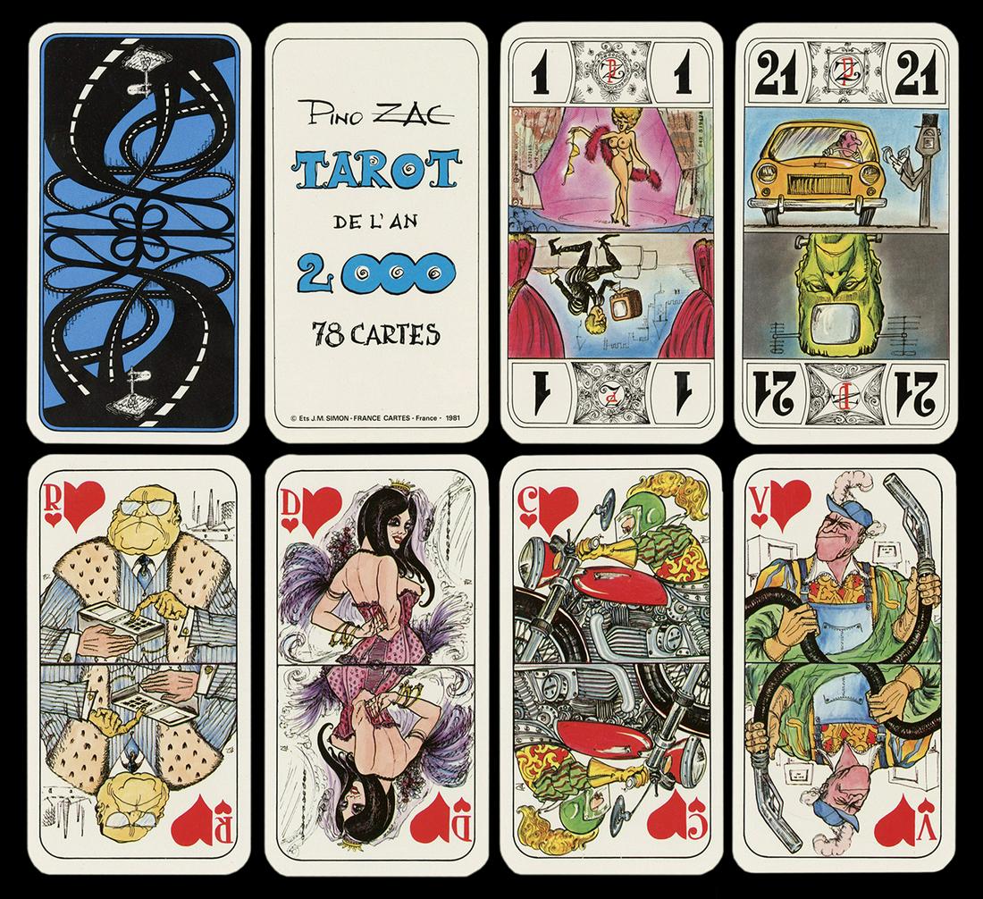 [Tarot] Grimaud Pino Zac Tarot Playing Cards. France,: [Tarot] Grimaud Pino Zac Tarot Playing Cards. France, 1981. 78 (compete) + Title Card + EC + Booklet. Comical tarot deck with cartoonish depictions of motorcyclists, topless dancers, policemen, and ma