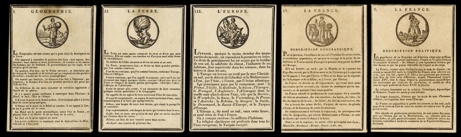 Historie Des Empereurs Deck. Paris: Goddard, ca. 1820.: Historie Des Empereurs Deck. Paris: Goddard, ca. 1820. 48 cards bearing small engravings at the top, and explanatory text in French below. Plain backs. In an attractive slipcase box tooled and titled 