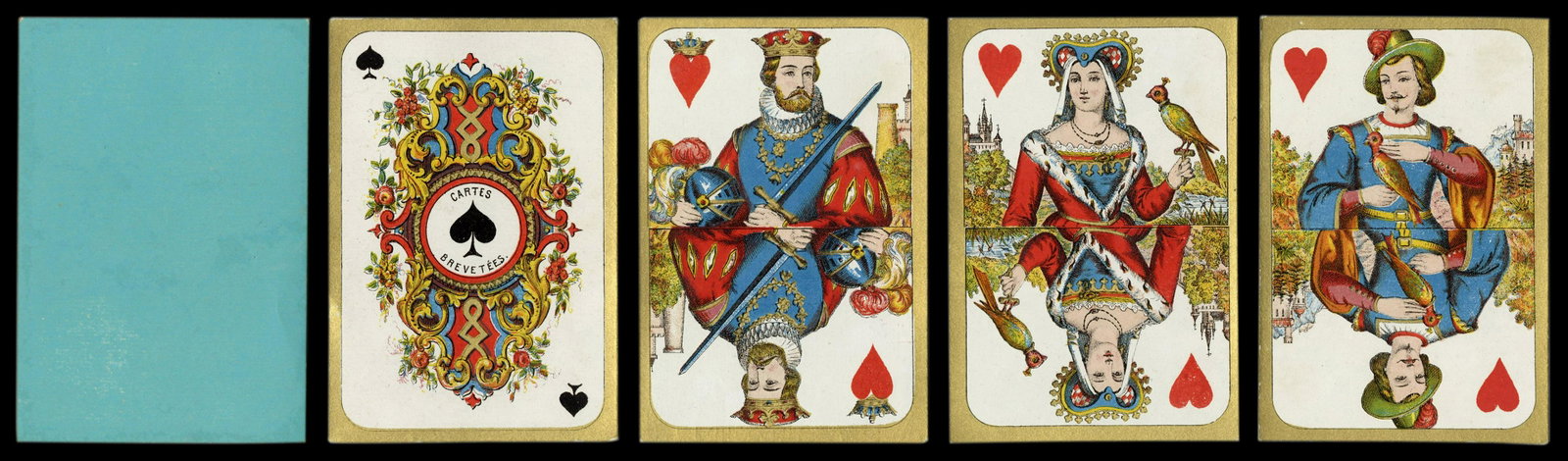 Daveluy Cartes Moyen Age. Bruges, Belgium, ca. 1875.: Daveluy Cartes Moyen Age. Bruges, Belgium, ca. 1875. 52/52. Turquoise backs. Gold edges to faces. Double-ended courts. Very good.