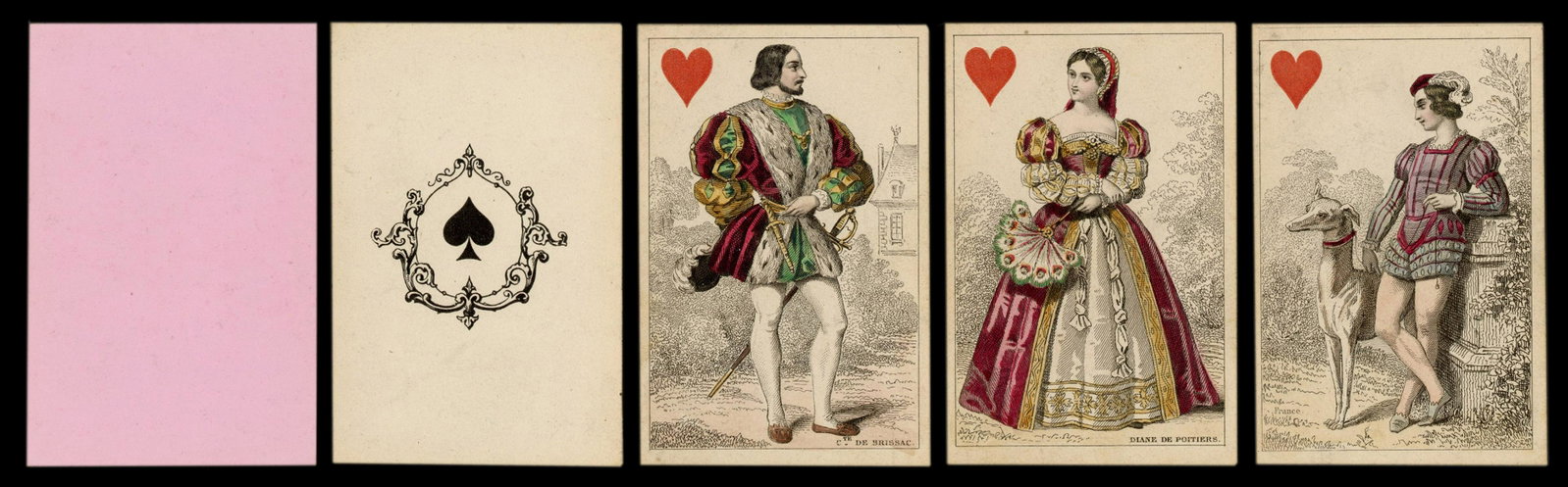 Early French Costume Deck. Circa 1850. Square cornered: Early French Costume Deck. Circa 1850. Square cornered deck with hand-colored engraved courts, Kings and Queens captioned with the names of the subjects. 51/52 (lacks 6D). In a handsome tortoise shell