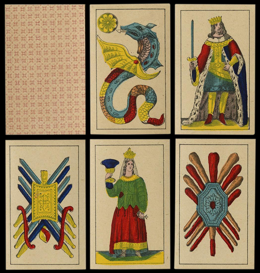 Naipes Finos. Belgium: Mesmaekers, ca. 1875. 48/48: Naipes Finos. Belgium: Mesmaekers, ca. 1875. 48/48 (complete; not issued with Tens). Spanish suits with Portuguese pattern variation. Made for export to Brazil. See All Cards on the Table by Mann, Vol