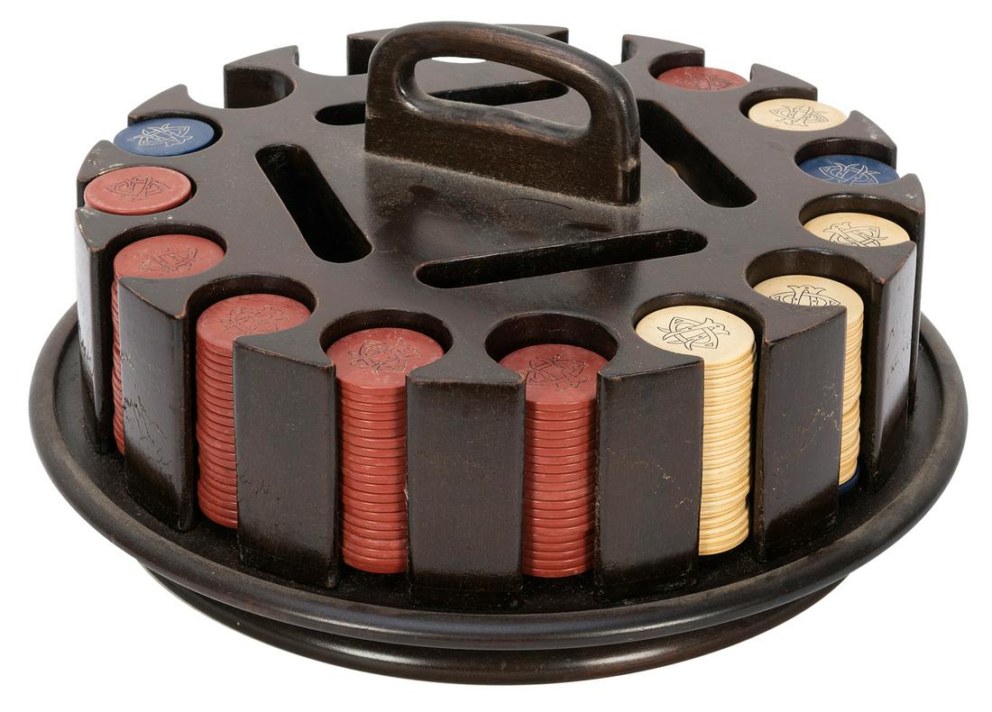 Mahogany Poker Chip Carousel Caddy with Chips. Circa (1 of 3)