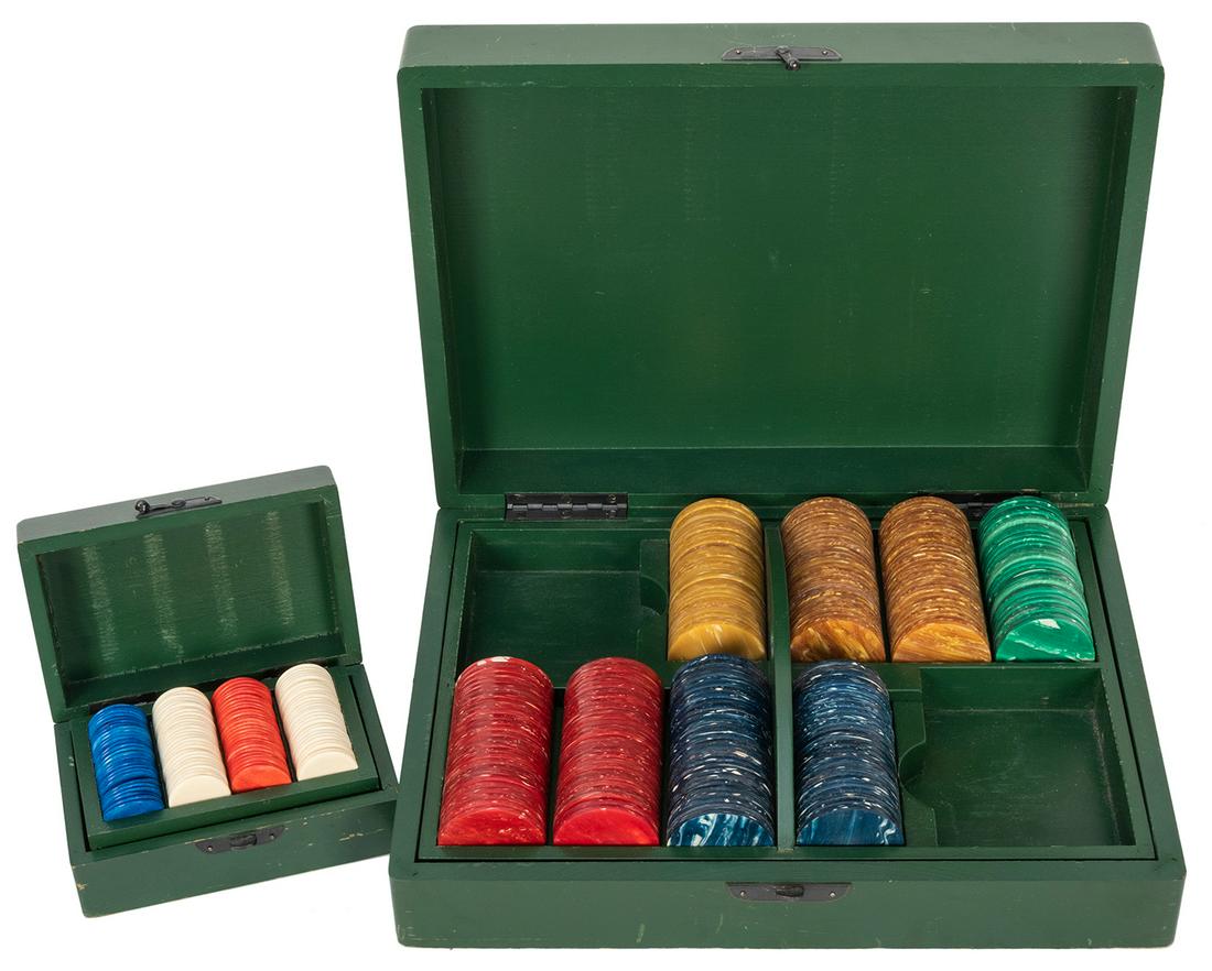 Pair of Equestrian / Hunting Game or Poker Sets. Two: Pair of Equestrian / Hunting Game or Poker Sets. Two wooden cases with lithographed equestrian and hunting dog scenes, the larger set with marbled plastic chips, the smaller set with colored bone chip