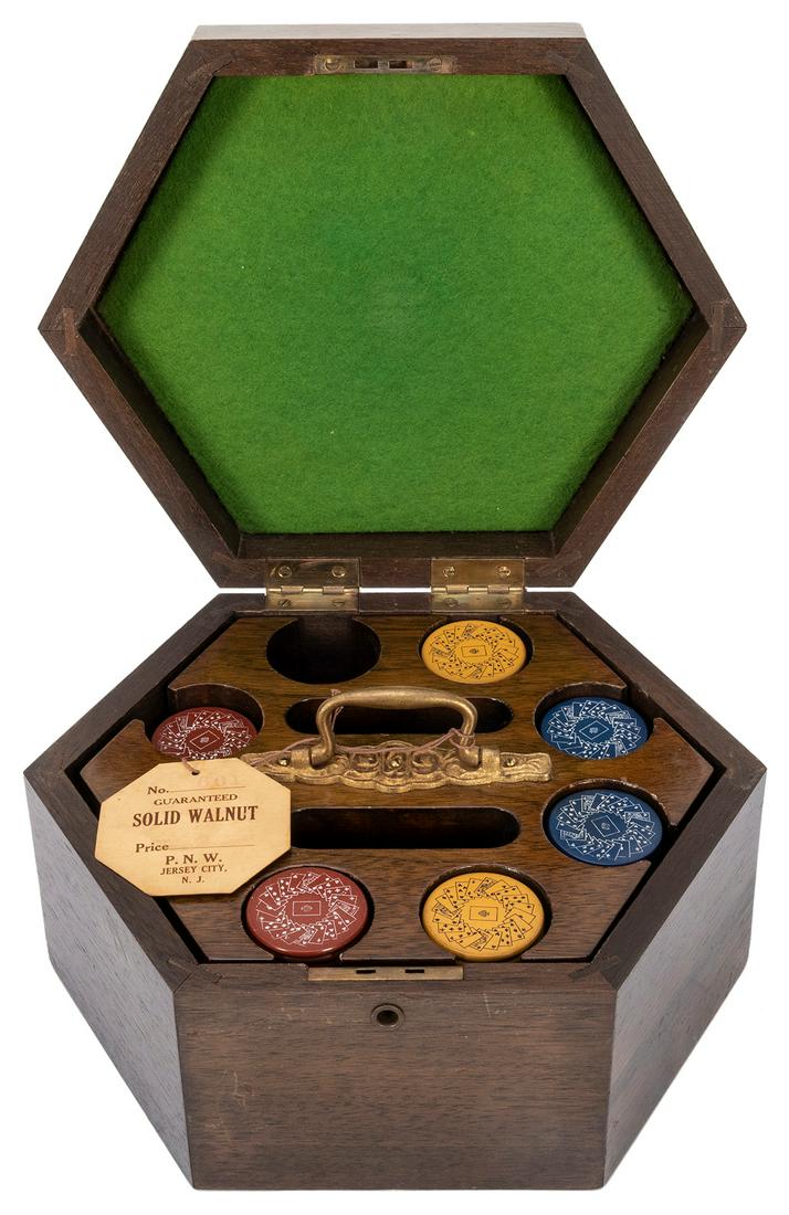 Cased Walnut Poker Chip Set. Hexagonal solid walnut (1 of 4)