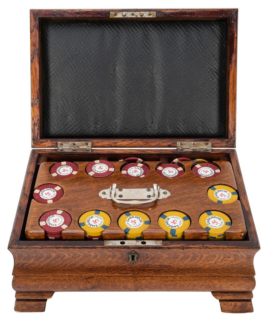 Antique Locking Oak Poker Chip Set. Footed oak poker (1 of 3)