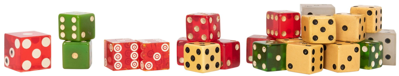Group of Vintage Gaffed Dice. Including 18 mis-spotted;: Group of Vintage Gaffed Dice. Including 18 mis-spotted; a pair of 1-2-3 and 2-6 loads; and four “7 Up” (always land on 5-2), issued as novelties for 7 Up.