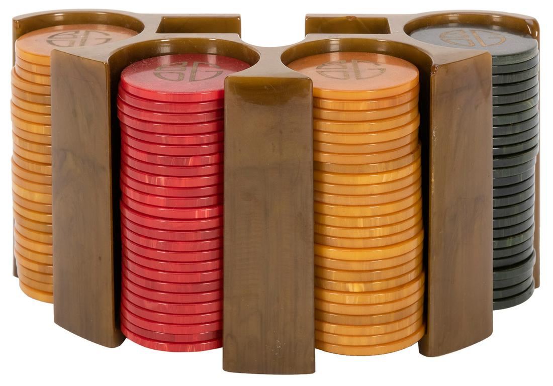 Bakelite Chip Caddy and Monogrammed Chips. Mid-century: Bakelite Chip Caddy and Monogrammed Chips. Mid-century olive Bakelite semi-circle caddy, with slot for cards, having four columns filled with swirled orange, red, and dark green chips monogrammed in g