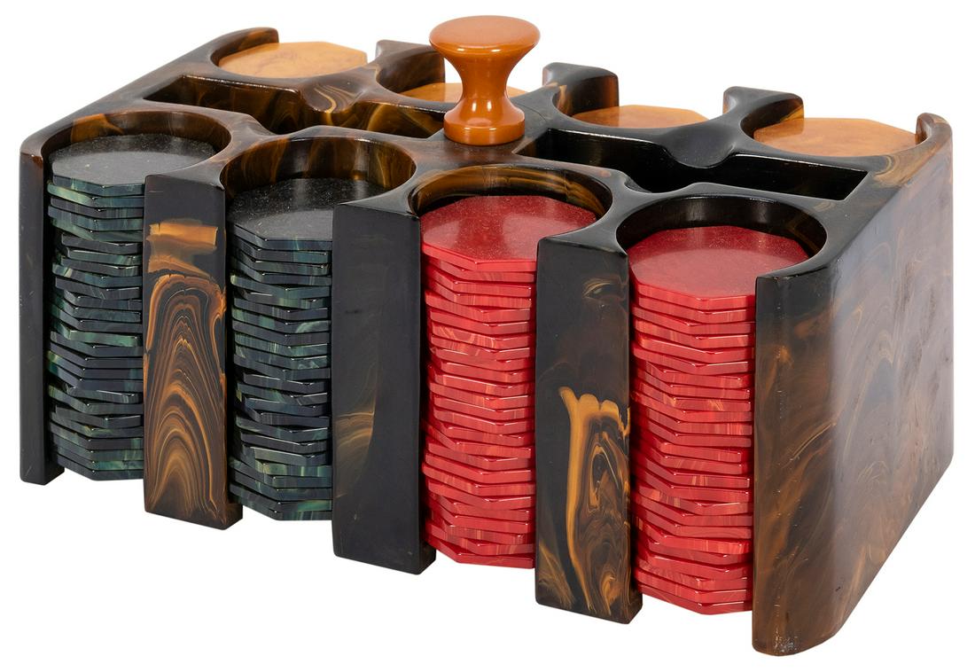 Bakelite Poker Chip Set with Caddy. Swirled black and (1 of 2)