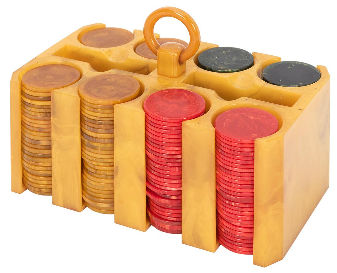 Bakelite Poker Chip Set and Caddy. Swirled butterscotch (1 of 2)