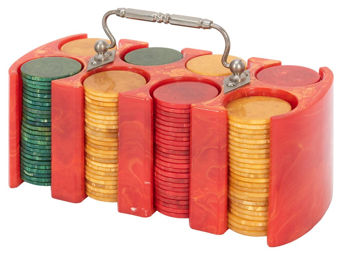 Bakelite Poker Chip Set and Caddy. Swirled red caddy (1 of 2)