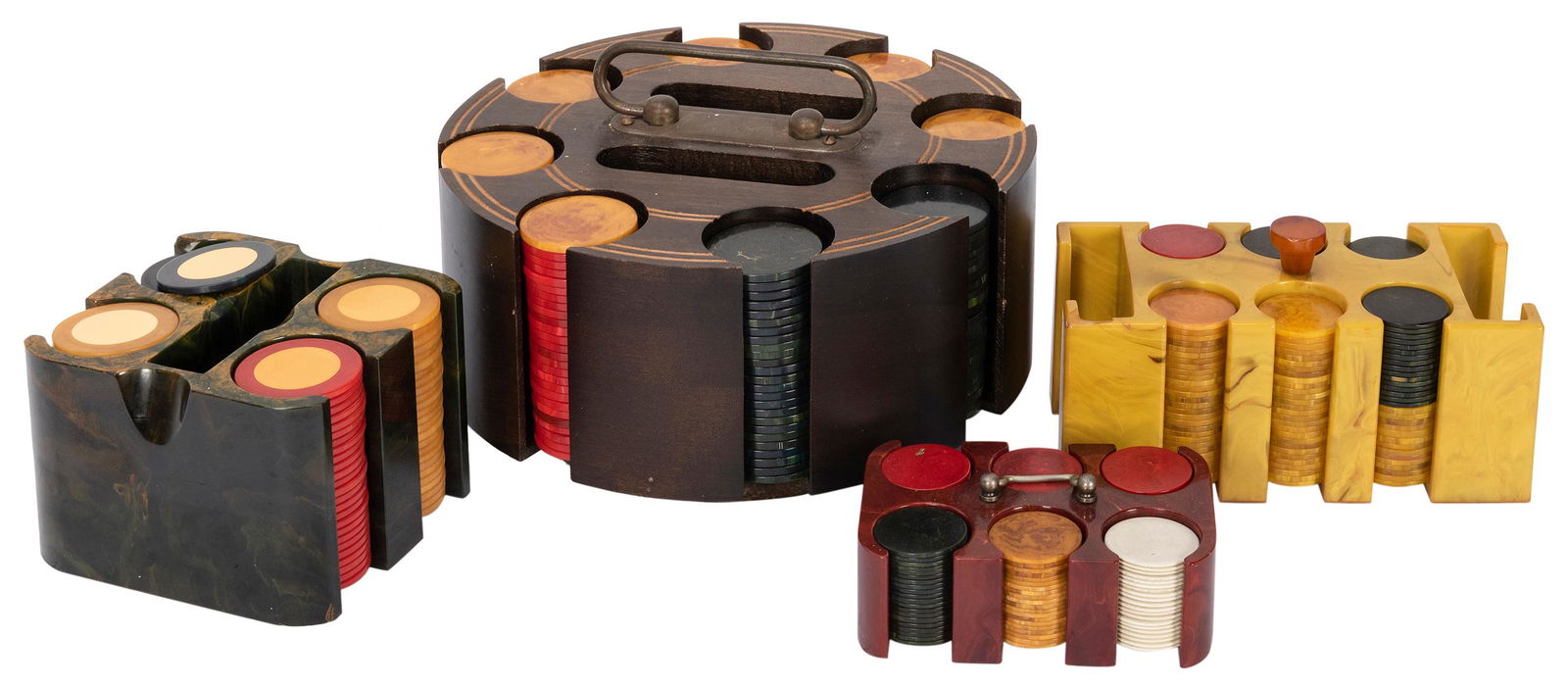 Lot of 4 Bakelite/Catalin Poker Caddies with Chips. (1 of 1)