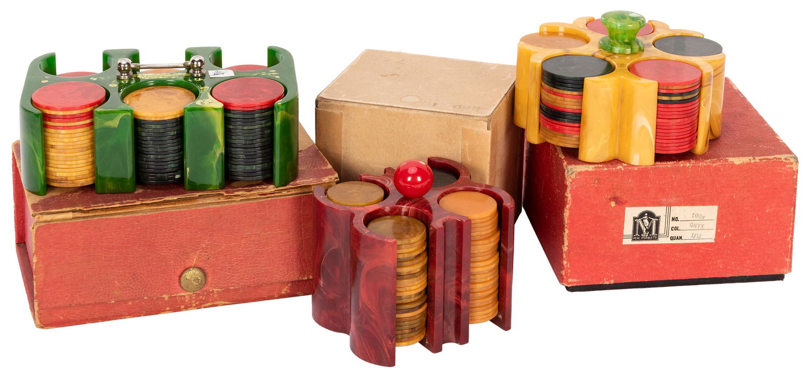 Three Small Bakelite Poker Caddies with Chips. Round, (1 of 1)