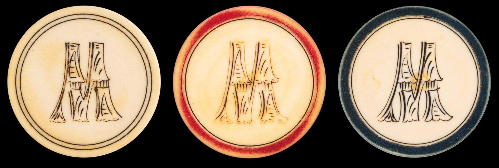 Trio of Scrimshawed “S/W” Poker Chips. 19th: Trio of Scrimshawed “S/W” Poker Chips. 19th Century. Matching set, with letters “S” and “W” scrimshawed at center on opposite sides. Red, blue, and plain outer band