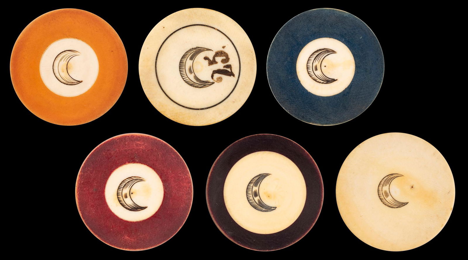 Crescent Moon Poker Chip Lot. 19th Century. Six (1 of 1)