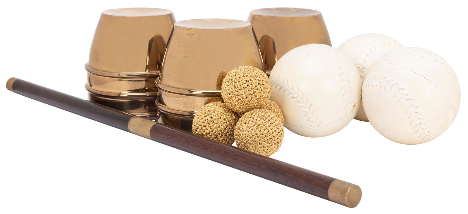 Vernon, Dai (David Frederick Wingfield Verner). Dai: Vernon, Dai (David Frederick Wingfield Verner). Dai Vernon’s Porper Cups and Balls. California: Porper Originals, ca. 1980. Set of three brass cups, four crocheted balls, and wooden wand with br