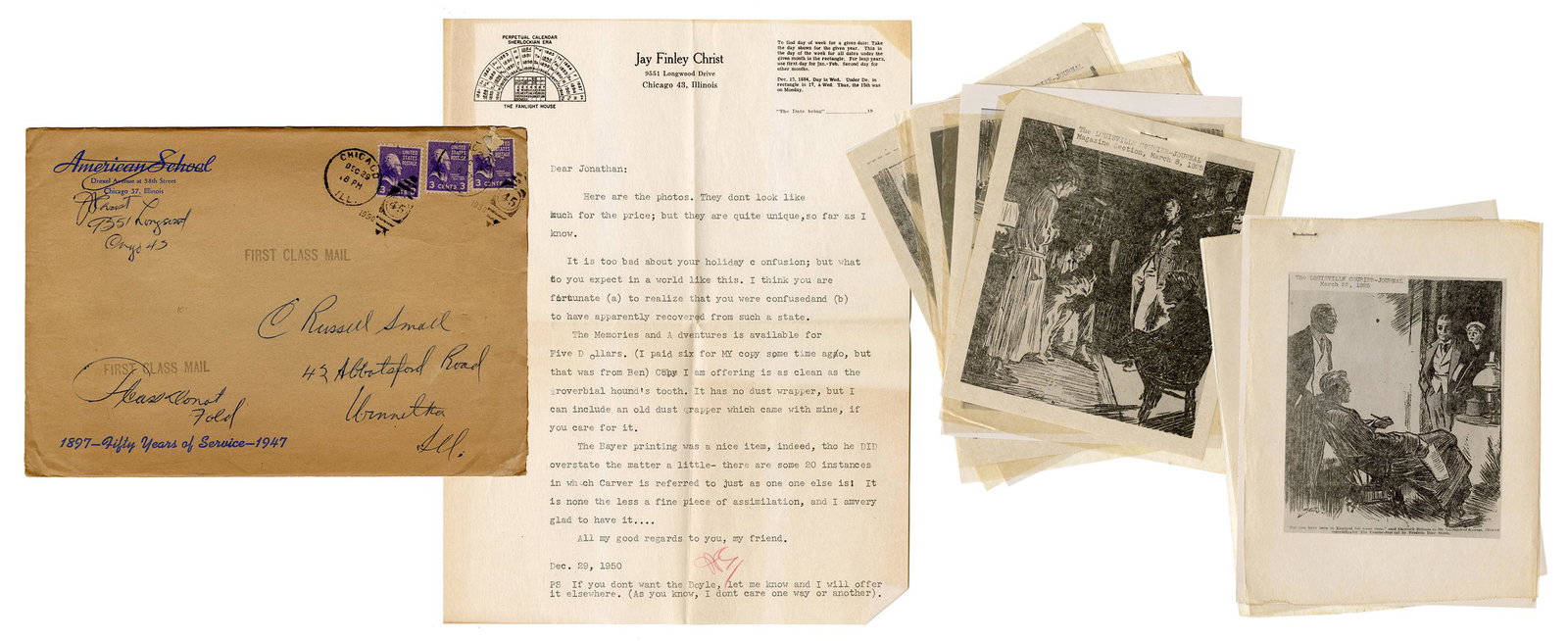 [SHERLOCKIANA]. CHRIST, Jay Finley (1884–1963). Group: [SHERLOCKIANA]. CHRIST, Jay Finley (1884–1963). Group of Letters, Booklets, and Ephemera Related to Sherlock Holmes by Jay Finely Christ. Includes three pamphlets written by Finley and published
