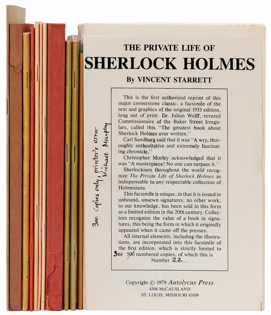 [SHERLOCKIANA]. Group of 12 Booklets and Pamphlets: [SHERLOCKIANA]. Group of 12 Booklets and Pamphlets Related to Sherlock Holmes. Including: STARRETT, Vincent. The Private Life of Sherlock Holmes. St. Louis: Autolycus Press, 1979. Unbound sheets as is