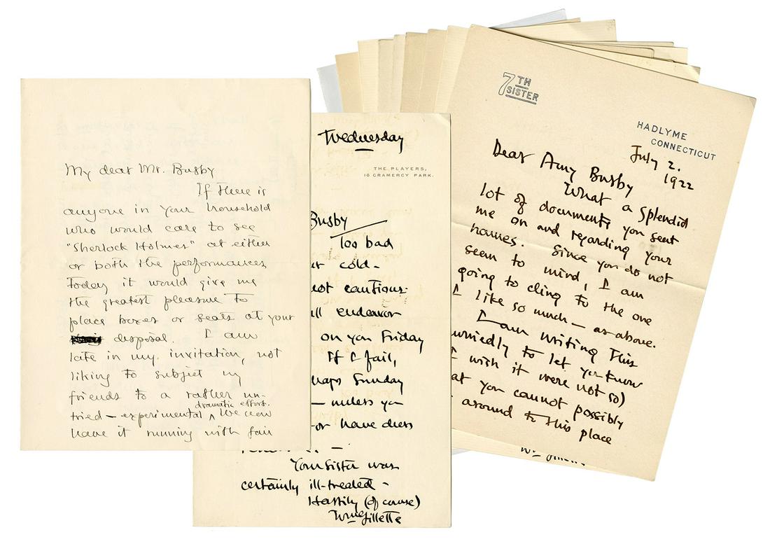 [SHERLOCK HOLMES]. GILLETTE, William (1853–1937). An: [SHERLOCK HOLMES]. GILLETTE, William (1853–1937). An Archive of Autograph Letters from William Gillette to Actress Amy Busby and Others with Several Mentions of Sherlock Holmes. 12 letters total