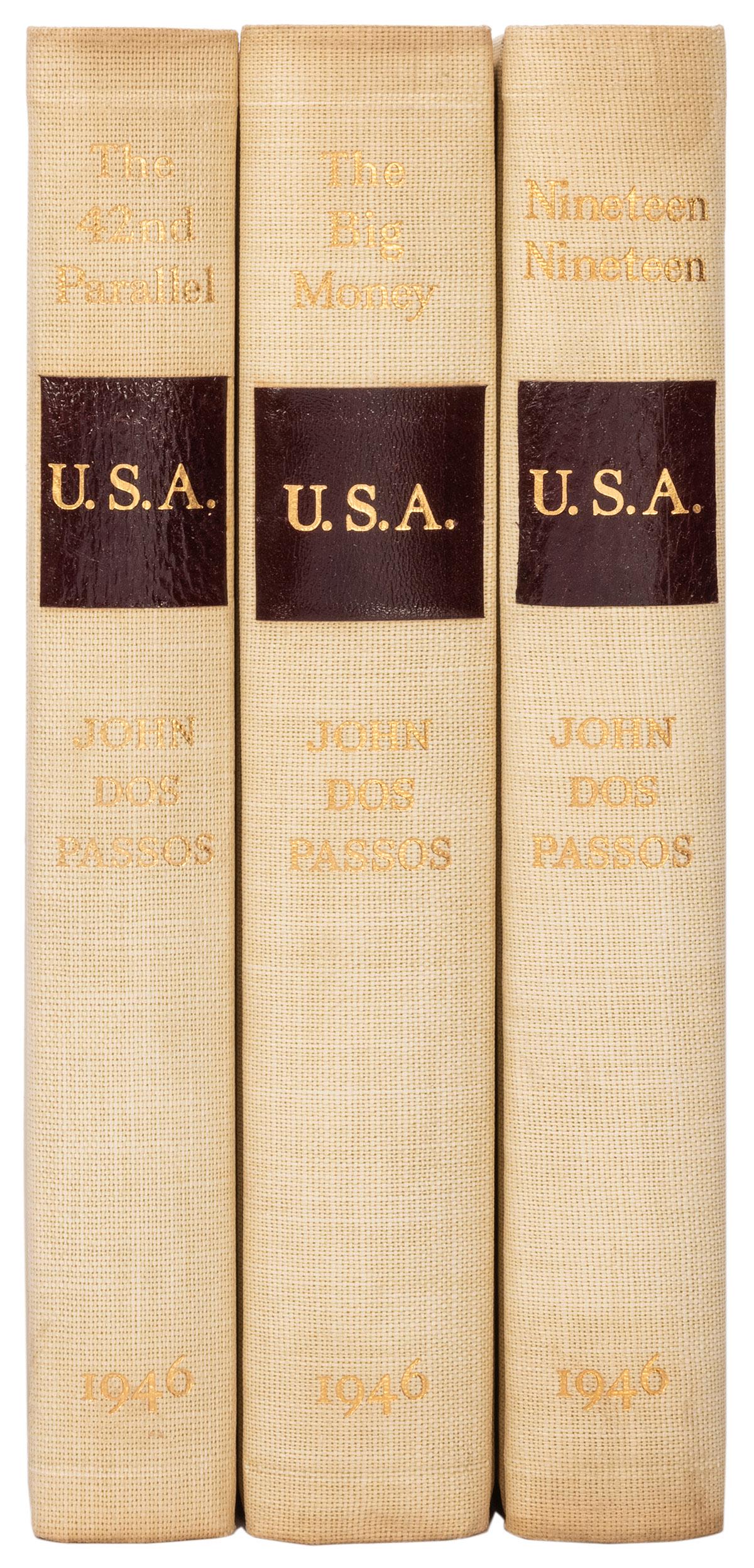 DOS PASSOS, John (1896–1970). U.S.A. Trilogy: 42nd: DOS PASSOS, John (1896–1970). U.S.A. Trilogy: 42nd Parallel, 1919, Big Money. Boston: Houghton Mifflin, 1946. 3 works in 3 volumes. 8vos. Illustrated by Reginald Marsh. Publisher's cream buckram