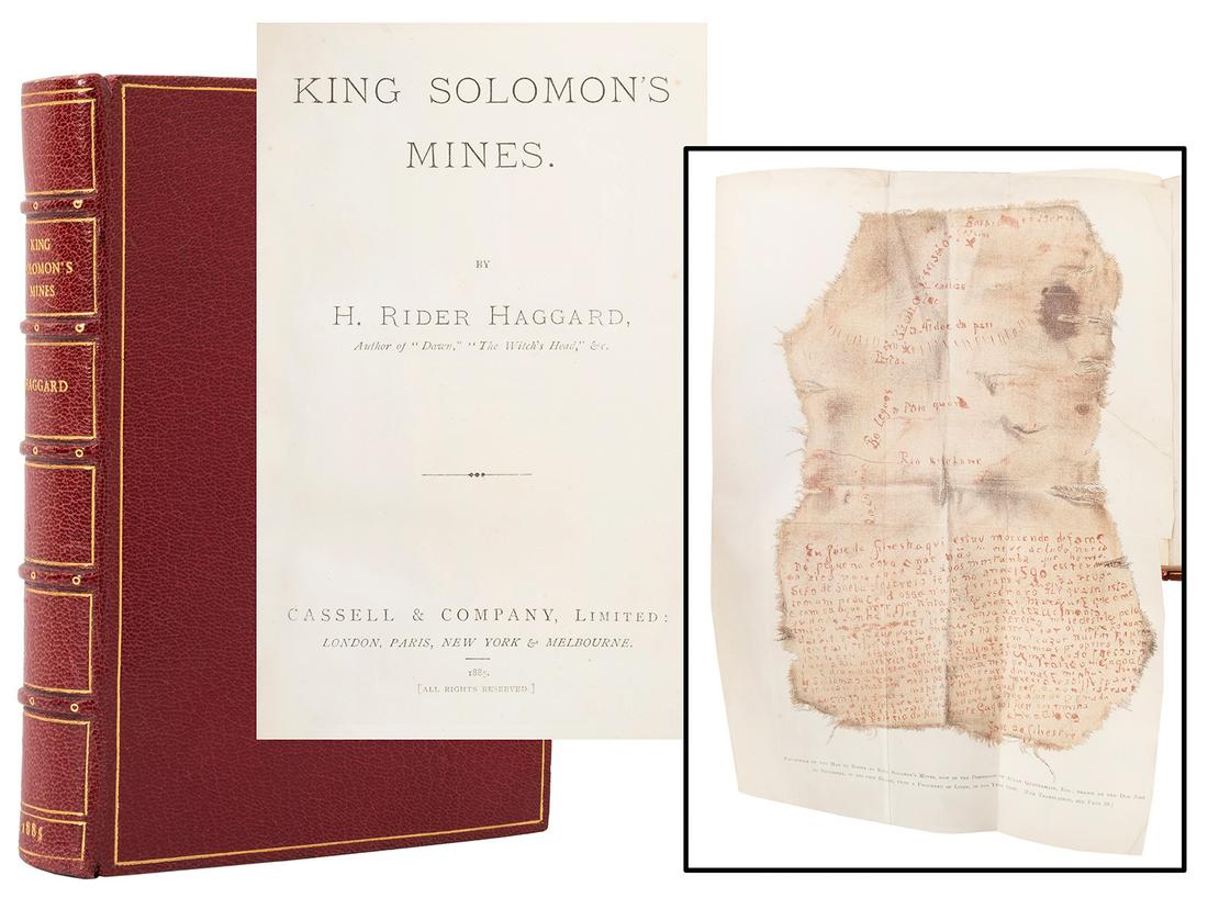 HAGGARD, Henry Rider (1856–1925). King Solomon’s Mines.: HAGGARD, Henry Rider (1856–1925). King Solomon’s Mines. London: Cassell & Company, 1885. 8vo. Folding chromolithographed frontispiece map of the route to King Solomon’s Mines. Full c