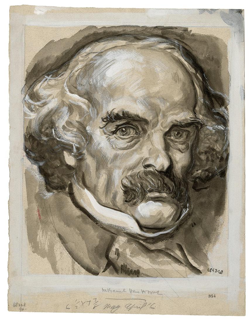 [HAWTHORNE, Nathaniel]. –– CESARE, Oscar (American,: [HAWTHORNE, Nathaniel]. –– CESARE, Oscar (American, 1883–1948). Original Illustration of Nathaniel Hawthorne Published for the New York Times Magazine. April 16, 1922. 16 x 12 ½