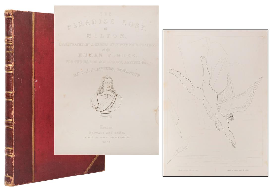 [MILTON, John (1608–1674)]. –– FLATTERS, Johann Jakob: [MILTON, John (1608–1674)]. –– FLATTERS, Johann Jakob (1786–1845), illustrator. The Paradise Lost of Milton… London: Nattali and Bond, 1851. Folio (445 x 305 mm). Title v