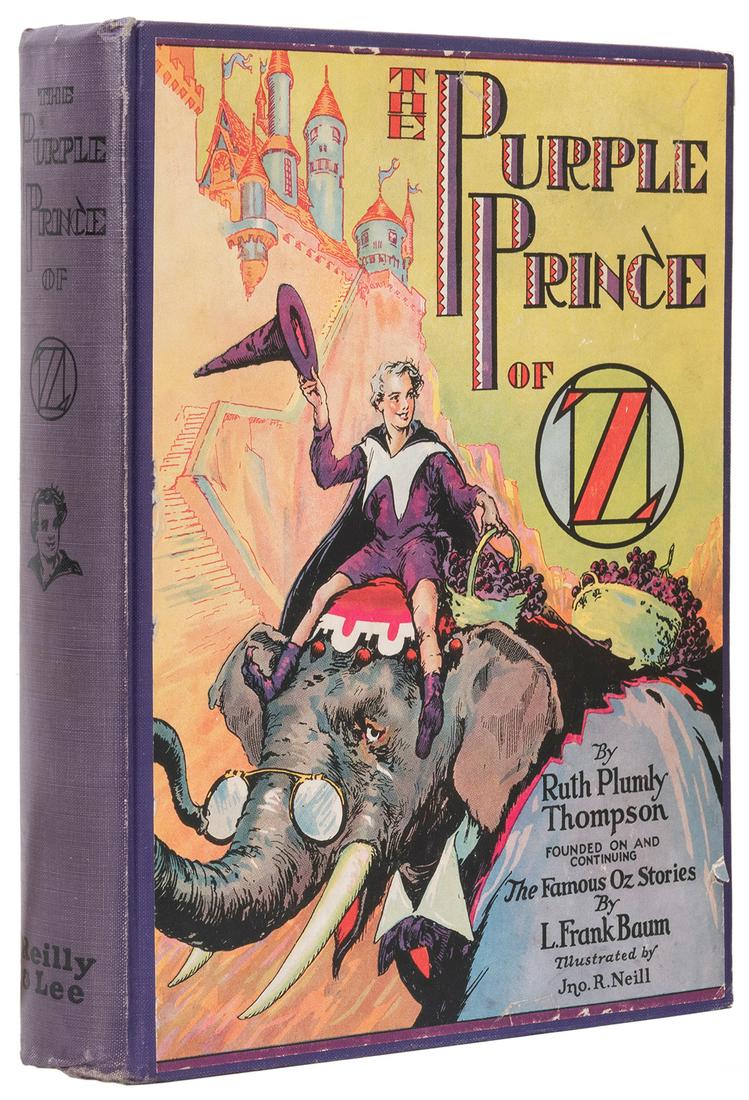 [OZ]. THOMPSON, Ruth Plumly (1891–1976). The Purple: [OZ]. THOMPSON, Ruth Plumly (1891–1976). The Purple Prince of Oz. Chicago: Reilly & Lee, [1932]. Small 4to. 12 color plates. Publisher’s purple cloth, pictorial color cover label, yellow e