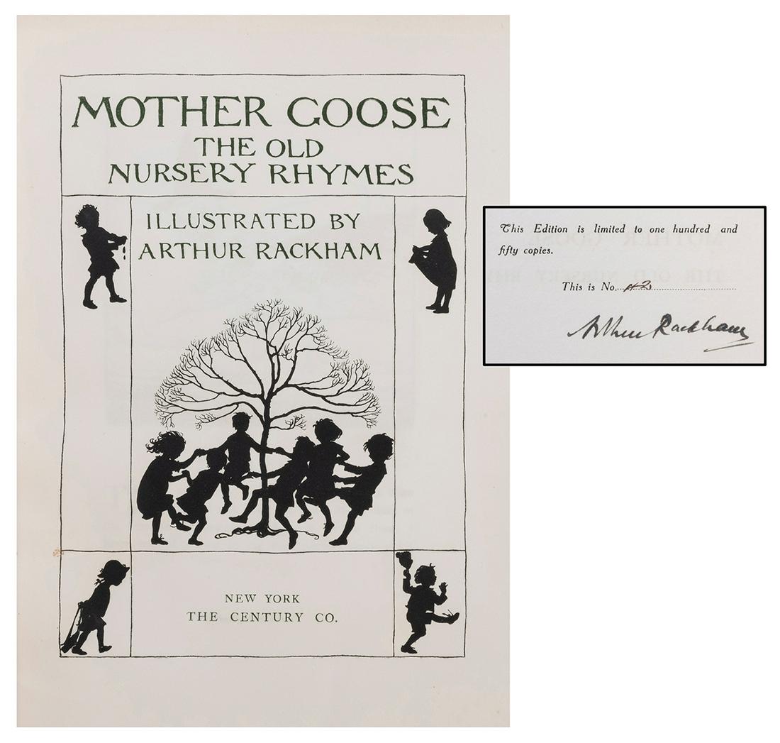 RACKHAM, Arthur (1867-1939), illustrator. Mother Goose:: RACKHAM, Arthur (1867-1939), illustrator. Mother Goose: The Old Nursery Rhymes. New York: The Century Co., n.d. [1913]. 4to. 13 mounted color plates with printed tissue guards, 8 black and white woodc