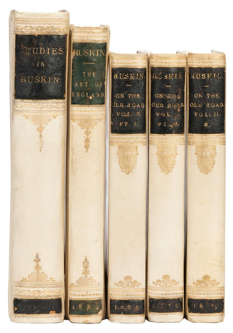 RUSKIN, John (1819–1900). Three Works. Including: The: RUSKIN, John (1819–1900). Three Works. Including: The Art of England. 1884. –– On the Old Road. 1885. 2 volumes in 3. –– Studies in Ruskin. 1890. 22 plates including frontispiece. –– Tog