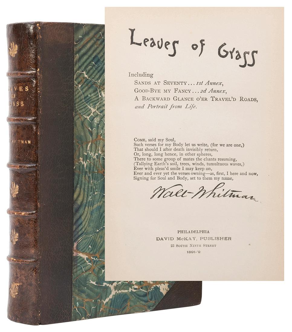 WHITMAN, Walt (1819–1892). Leaves of Grass.: WHITMAN, Walt (1819–1892). Leaves of Grass. Philadelphia: David McKay, 1891-2. 8vo. Engraved portrait of a young Whitman. Early half chocolate brown crushed levant over marbled boards, 5 raised 
