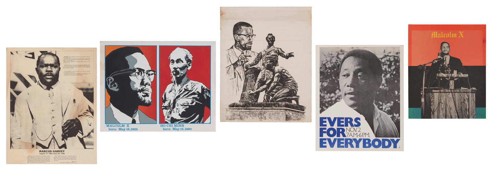 [CIVIL RIGHTS]. –– Lot of 5 Civil Rights / African: [CIVIL RIGHTS]. –– Lot of 5 Civil Rights / African American Posters. American, ca. 1970s. Including: EVERS, Charles. Evers for Everybody. Campaign poster. 17 x 14”. –– Ma