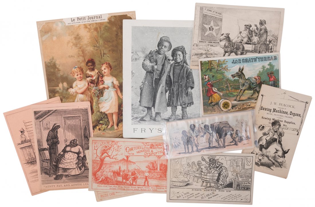 Collection of Black Americana Ephemera, Postcards, and: Collection of Black Americana Ephemera, Postcards, and Booklets. American, ca. 1920s/60s. Approximately 40 pieces, including menus, recipe booklets, postcards, trade cards, greeting cards, premiums, m