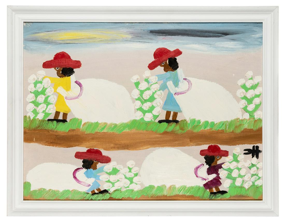 HUNTER, Clementine (American/Louisiana, 1886–1988).: HUNTER, Clementine (American/Louisiana, 1886–1988). “Picking Cotton”. October, 1972. Oil on canvas panel, monogramed lower right. Framed, 298 x 394 mm. Provenance: from Morris Taft T