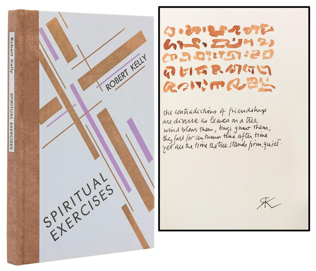 [FINE PRESS & LIVRE D’ARTISTE]. –– [BLACK SPARROW: [FINE PRESS & LIVRE D’ARTISTE]. –– [BLACK SPARROW PRESS]. KELLY, Robert. Spiritual Exercises. Santa Barbara: Black Sparrow Press, 1981. 8vo. Original publisher’s mocha velvetee