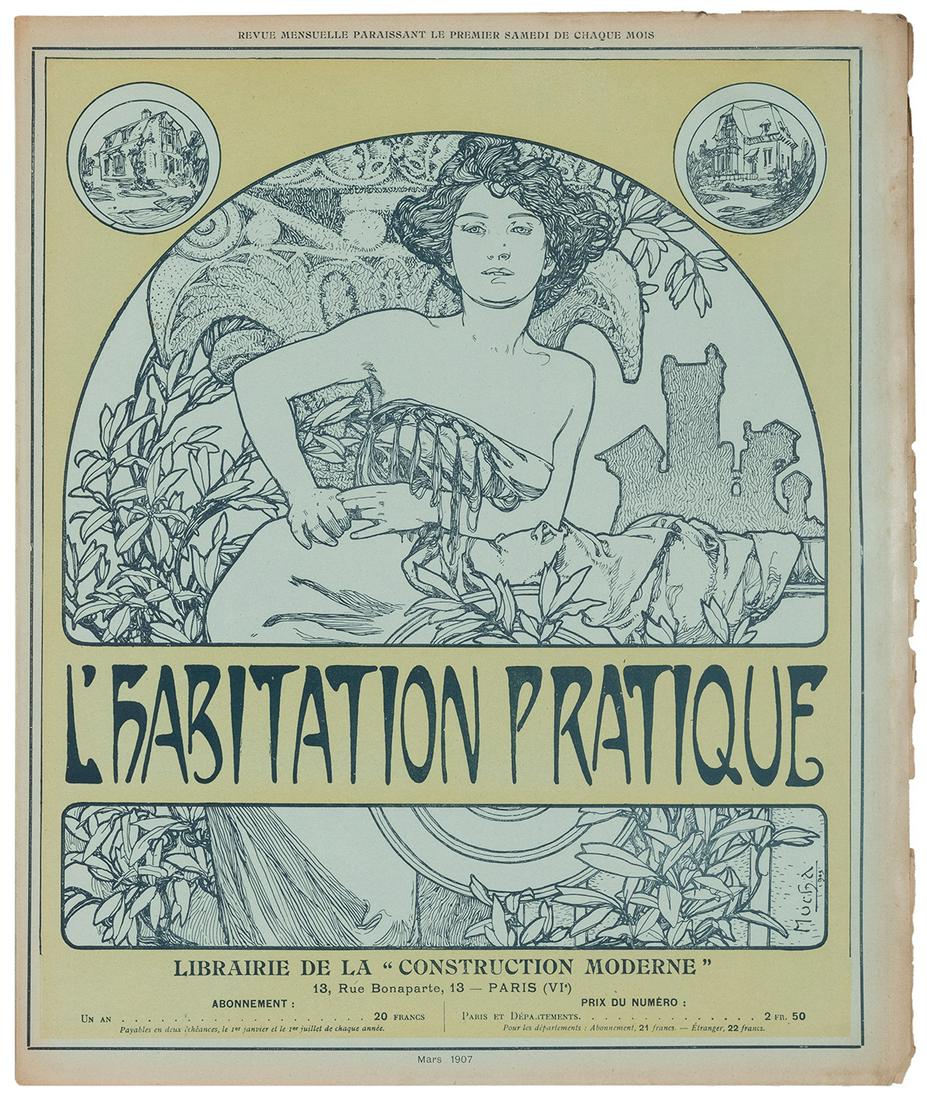 MUCHA, Alphonse (1860–1939). L’Habitation Pratique.: MUCHA, Alphonse (1860–1939). L’Habitation Pratique. Bifolium (upper and lower covers) for the March, 1907 issue with lithographed cover designed by Mucha. 15 ½ x 13”. Few chips