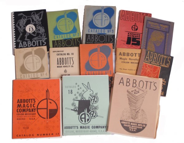 Abbott's Magic Co. collection of 15 catalogs.: Abbott Magic Co. collection of 15 catalogs. Colon, Michigan, 1935-1987. Including numbers 2-7, 9, 10, 13, 15, 18-21, and 23. All in publisher's wraps. Condition generally good.