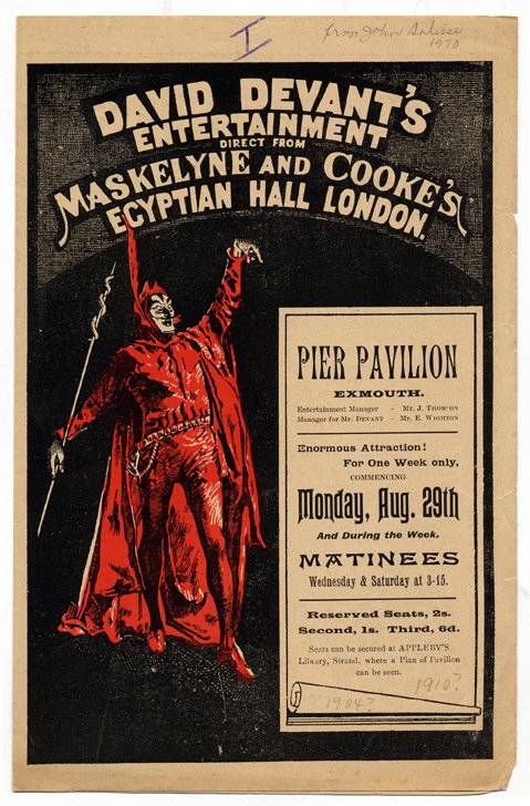 David Devant's Animated Photographs program, 1904. : Devant, David. Devant's Animated Photographs. Bi-fold two-color program advertising a British provincial performance in Exmouth, "Direct from Maskelyne and Cooke's Egyptian Hall London." Sharing the p