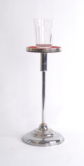 Handkerchief Pedestal likely made by Willmann, ca.: Handkerchief Pedestal. Maker unknown (likely Willmann), ca. 1910. Attractive oversized chrome plated brass stand in which a handkerchief can be concealed. 13 ½" high, platform 5 " in diameter and cov