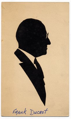 Silhouette of Charles Larson cut by Dai Vernon.: Larson, Charles. Silhouette of Charles Larson cut by Dai Vernon. Black gummed paper mounted to cardstock. Unsigned. Circa 1938. One corner lightly bumped, and mislabeled as Frank Ducrot in ink below t