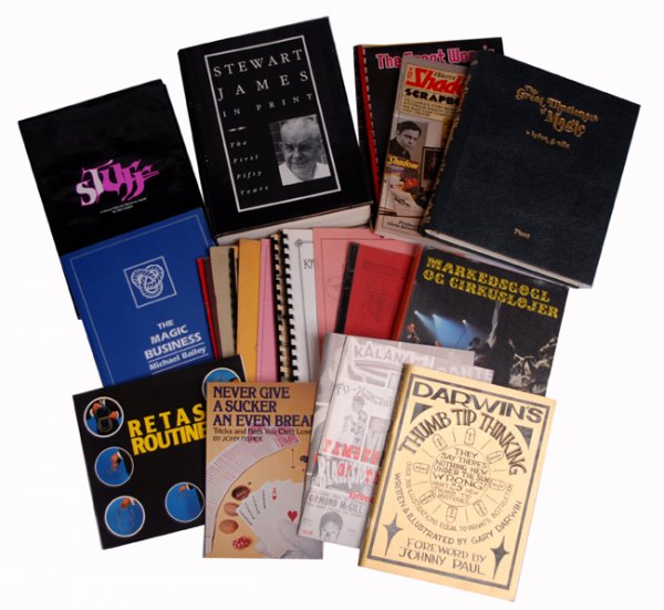 30 hardbound and softbound books and publications : [Magic Books] Group of 30 hardbound and softbound books and publications on Magic and Magic History. Including Stewart James in Print – The First Fifty Years (1989), The Shadow Scrapbook (1979), The