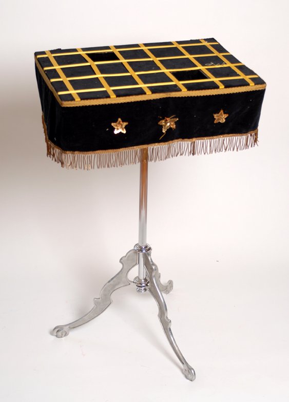 Owen Magic Table. Alhambra, Owen Magic Supreme, ca: Owen Magic Table. Alhambra, Owen Magic Supreme, ca. 1965. Handsome and sturdy aluminum table base and top outfitted with two black art wells. Legs of the table disassemble for packing. Finish and ribb