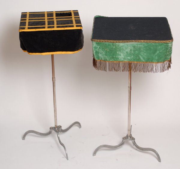 Two Modern P&L Table Bases. New Haven, Petrie & Le: Two Modern P&L Table Bases. New Haven, Petrie & Lewis, ca. 1930. Traditional P&L slim metal table bases which break down and fold for packing, with fringed and decorated table tops, as popular with ma