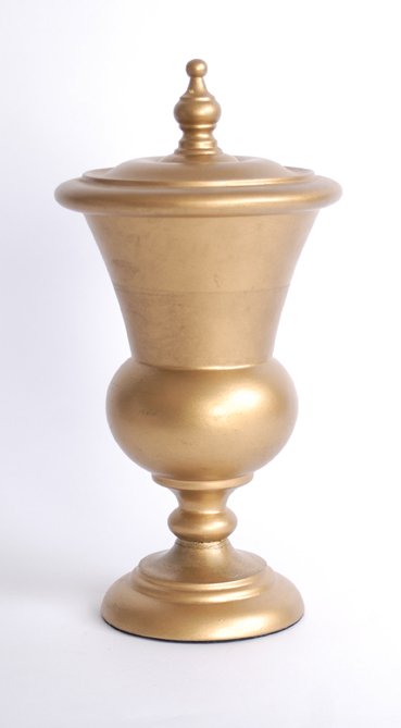 Rice Vase. F.G. Thayer, ca. 1925. : Rice Vase. Los Angeles, F.G. Thayer, ca. 1925. Finely turned wooden vase lacquered in gold. This mechanical prop allows the magician to vanish a quantity of rice or transform the rice into an orange, 
