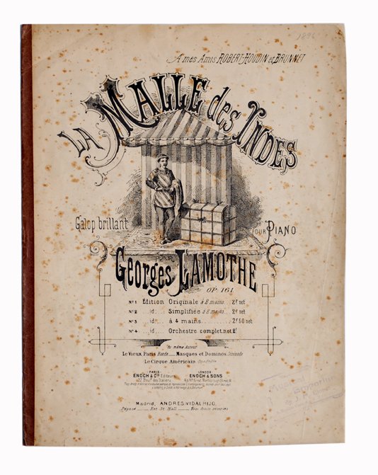 Robert-Houdin, Jean Eugéne] - La Malle de Indes. 1: [Robert-Houdin, Jean Eugéne] La Malle de Indes. Madrid, Andres Vidal Hijo, 1896. The cover of this monochrome "Galop brilliant" depicts a performance of a substitution trunk/Maskelyne box-type effect