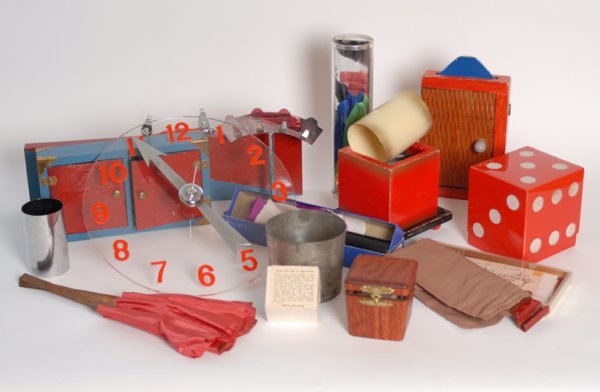 Large collection of stage magic apparatus and prop: [Stage magic] Collection of stage magic apparatus and props. Comprised of specially manufactured apparatus for over 10 effects, including the Driebeck Die, Cardiographic (Martin Lewis), Utility Mirror