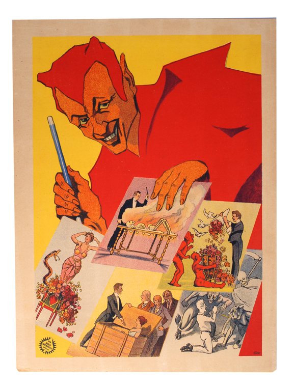 Two Magic-Themed Friedlander litho Stock Posters. : [Stock Posters] Two Magic-Themed Stock Posters. Hamburg, Adolph Friedlander, 1920. Quarter-sheet (18 ¾ x 14") color lithographs. One, horizontally oriented, depicts a devil carrying three magic-theme